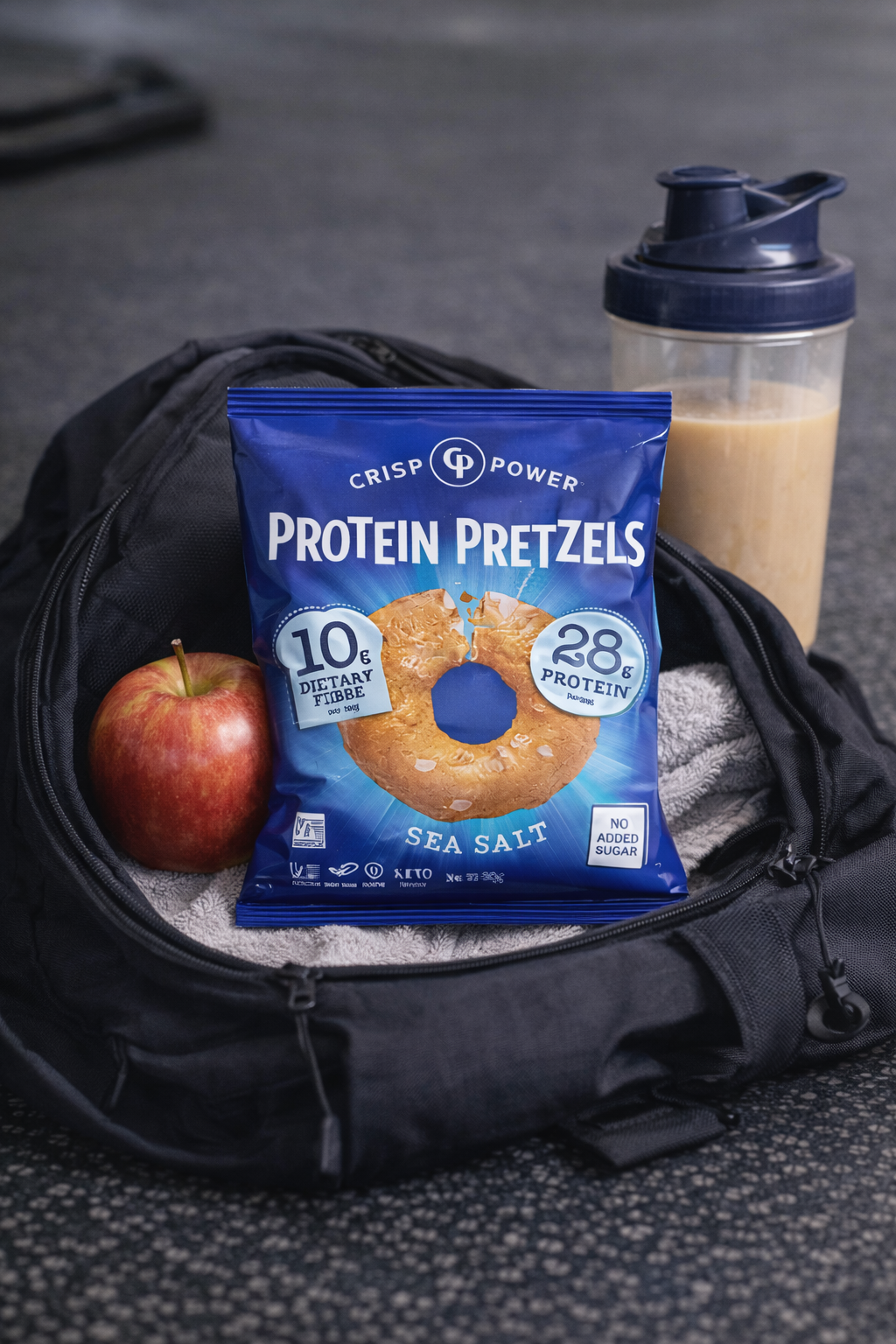 A bag of Crisp Power Protein Pretzels Sea Salt is displayed in an open black backpack on a grey textured surface, styled with a red apple and a shaker bottle containing a protein shake.