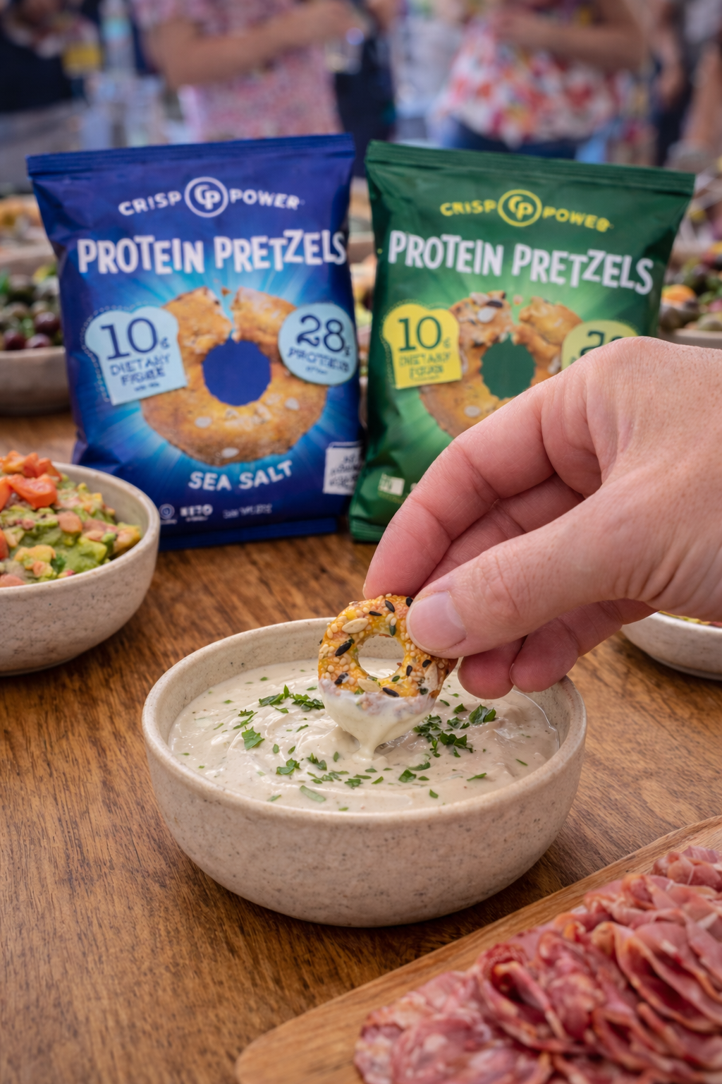 A hand holds a single Crisp Power Protein Pretzel above a bowl of creamy dip on a wooden table, with two bags of Crisp Power Protein Pretzels (Sea Salt and Everything flavour) in the background.