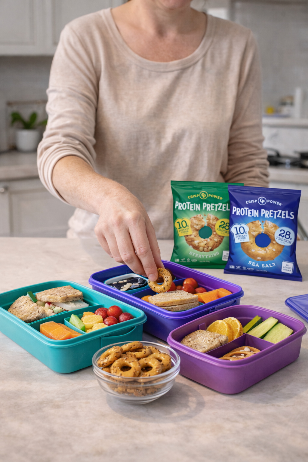 A person in a beige top stands at a kitchen counter arranging colourful bento lunch boxes with protein pretzels, fruit, and vegetables. Two bags of Crisp Power Protein Pretzels are visible behind the boxes on a light countertop.