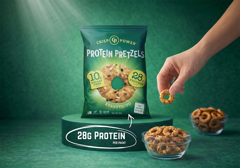 Protein pretzels everything flavour packaging with a hand holding a pretzel, on a green background