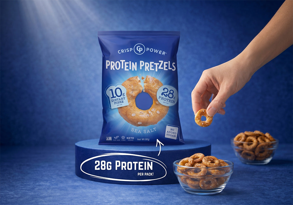 Protein pretzels sea salt flavour packaging with a hand picking up a pretzel against a blue background